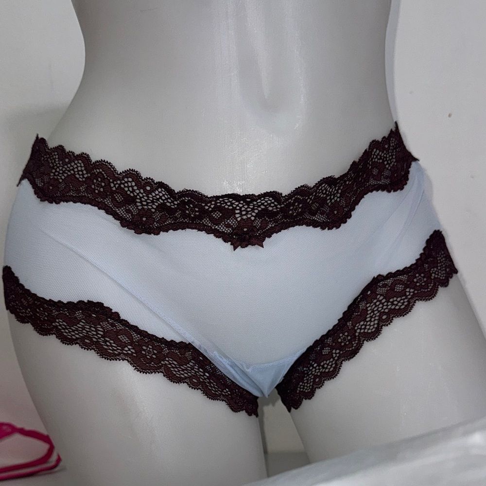 Victoria's Secret White Panties with Brown Lace Trim cheekini Sz L NWT